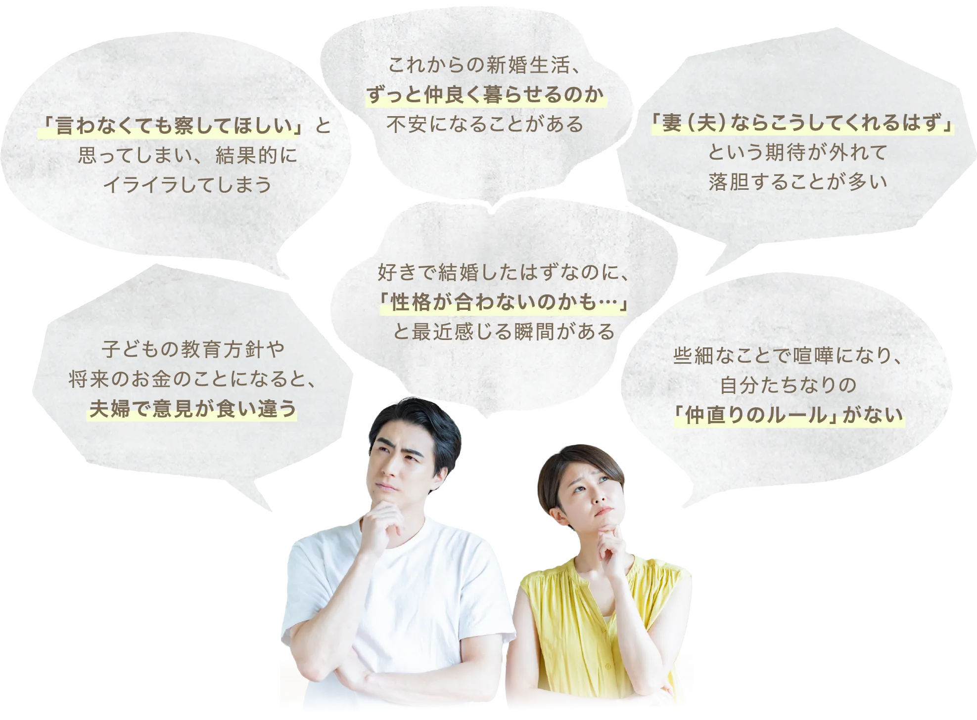 悩む夫婦のまわりに、将来への不安やすれ違いを書いた吹き出しが並ぶイラスト。新婚生活を仲良く続けられるかの不安、「言わなくても察してほしい」という期待、性格が合わないのではという思い、「妻（夫）ならこうしてくれるはず」という期待外れ、子どもの教育方針やお金についての意見の食い違い、仲直りのルールがない、といった悩みが示されている